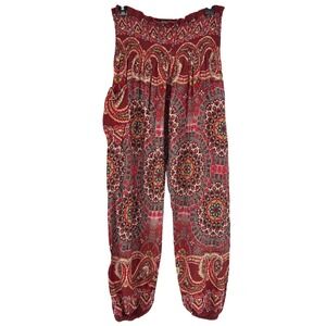 Earthbound Trading Co Womens XL Boho Paisley Mandala Harem Pants Red Smock Waist